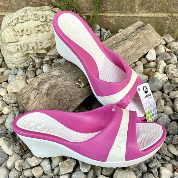 CROCS Shoes - Crocs Sassari Women Pink White Wedge Sandals 10